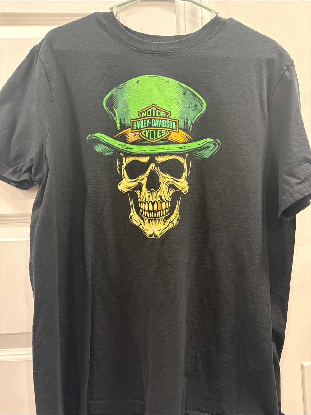 Harley-Davidson Black T-Shirt with Neon Green Hat and Yellow Skull Graphic